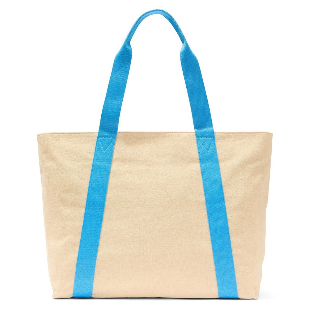 PINK Victoria's Secret Cream Canvas Tote with Bright Blue Straps - Picture 2 of 3